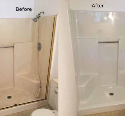 before and after shower stall refinishing