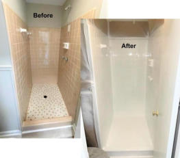 brown tile shower stall before and after refinishing