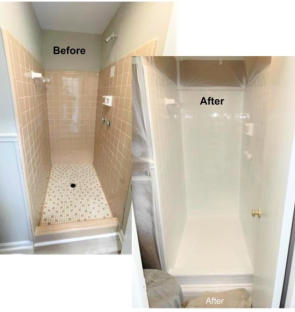brown tile shower stall before and after refinishing