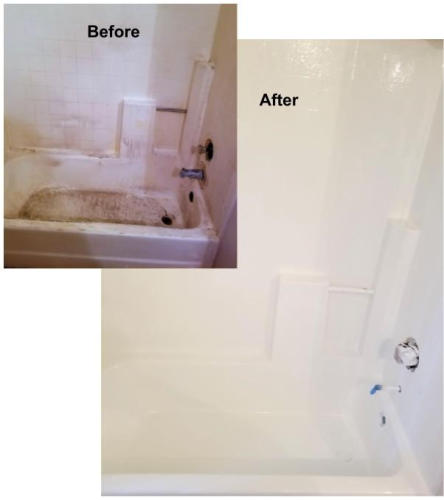 dirty shower before and after refinishing