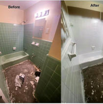 green tile walls before and after reglazing