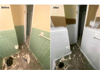 green wall tile before and after refinishing