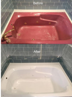 red bathtub before and after refinishing