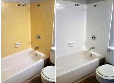 yellow tile shower before and after refinishing